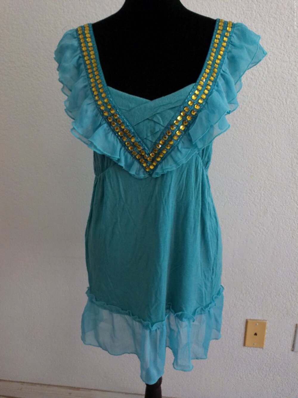Yag, blue V-neck Tank Top, with golden crystals detail,